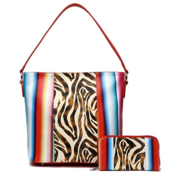Red Zebra Multi-striped Tote Handbag Set With Wallet - Picture 1 of 2